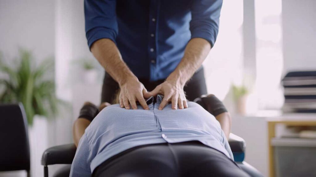 A chiropractor discusses health concerns with a new patient during an initial consultation.